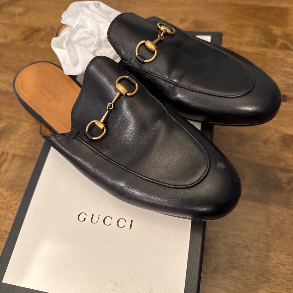 Gucci Black Leather Horsebit Slip-On Mules with Gold Hardware